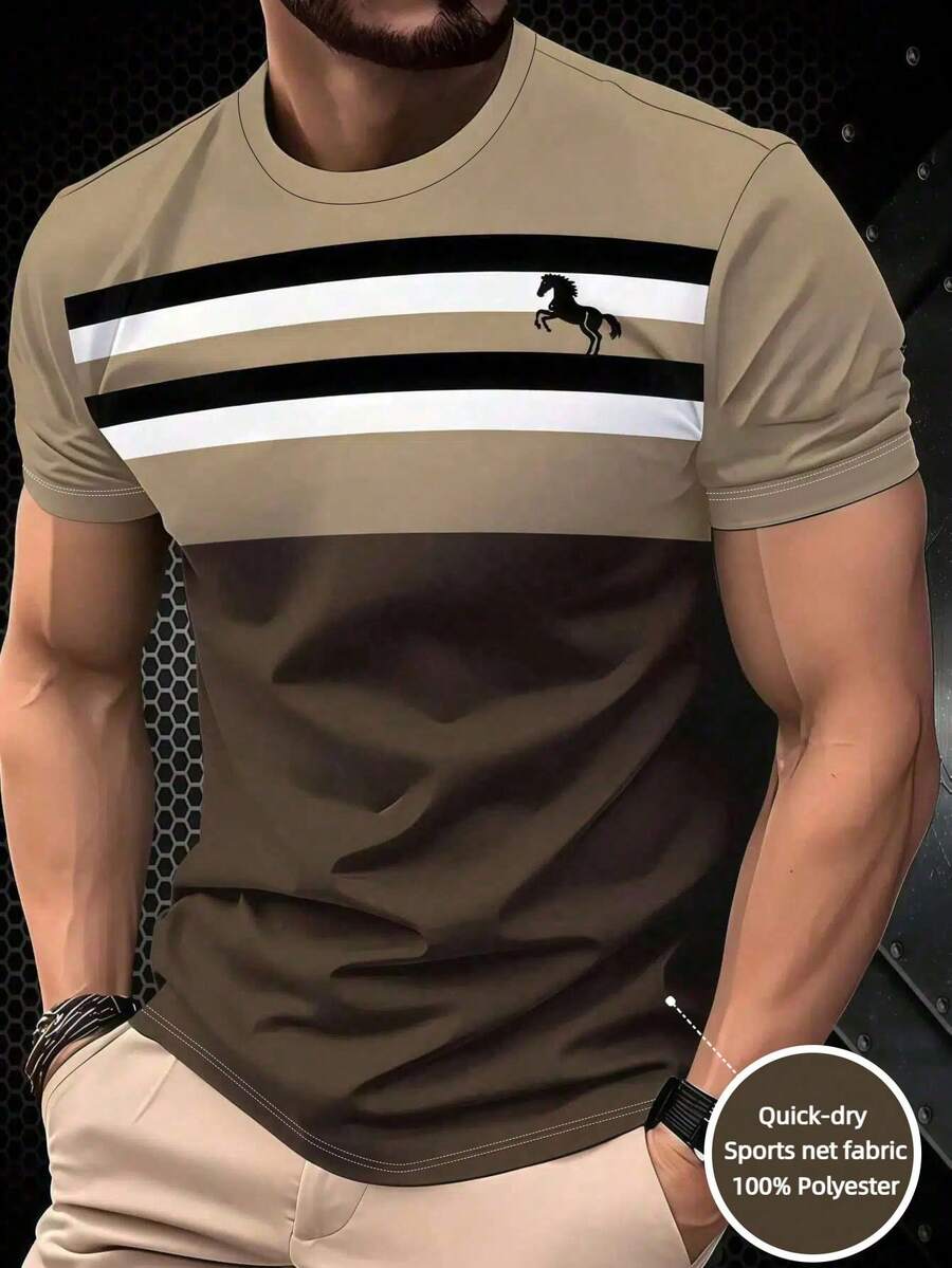 KOVSEE Áo thun thể thao tay ngắn nam in hình ngựa phối màu tương phản, chất liệu nhẹ, thoáng khí, thích hợp cho hoạt động ngoài trời, thường ngày, chạy bộ, bóng rổ, bóng đá, tập thể dục, thấm hút mồ hôi, bán lẻ, quà tặng mùa hè cho bạn trai. - Màu Khaki - Xem 1