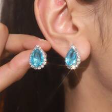 1 Pair Vintage Water Drop Crystal Rhinestone Earrings, For Women - Baby Blue - View 3