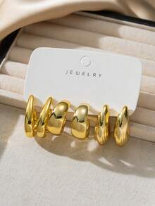 3/9 Pairs CCB Gold-Plated Earring Set, European And American INS Style Exaggerated Personalized Earrings Including Teardrop Smooth, Spiral, Arc Smooth, Rectangular Hammered, Bamboo Joint Textures, Luxurious Elegant, Suitable For Daily, Commute, Party, Cross-Border Popular Fashion Accessory, Non-Fading, High Cost-Effective - Gold - View 4