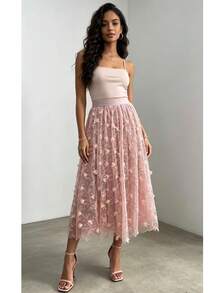 Women's Long Embroidered Tulle Skirt, High Waist, Elegant, Flowing, Delicate, For Parties And Everyday Wear - Hồng - Xem 1