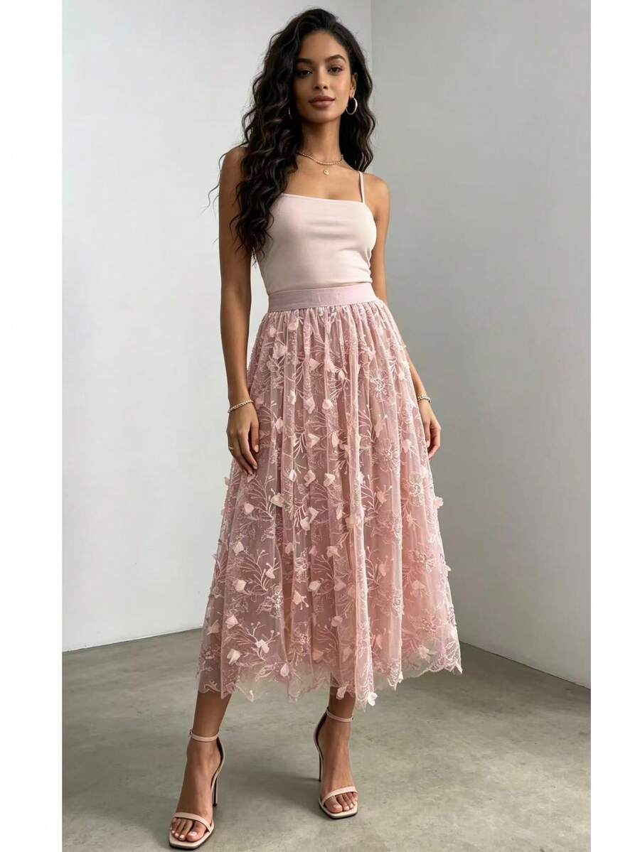 Women's Long Embroidered Tulle Skirt, High Waist, Elegant, Flowing, Delicate, For Parties And Everyday Wear - Hồng - Xem 1