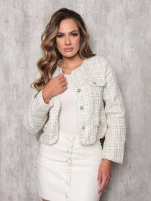 Women's Cropped Tweed Plaid Jacket - Elegant Formal Wear - 白色 - 查看 7