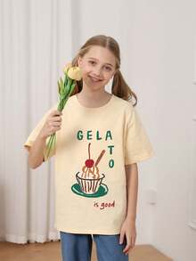 Tween Girl "GELATO Is Good" Ice Cream Print T-Shirt, Soft And Comfortable Fabric, Suitable For Travel, Vacation, Outdoor Sports, Daily Wear, Casual Travel, Best Choice! Fashionable Girls' Casual Versatile Top For Spring And Summer - Apricot - View 3