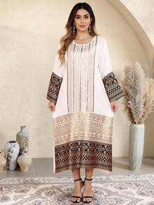 Đầm kiểu Ả Rập thêu hạt cườm vàng sang trọng, đầm JALABIA cổ tròn tay dài phối vạt, đầm thời trang cao cấp sang trọng, đầm thời trang xuân hè 2026. - trắng - Xem 11