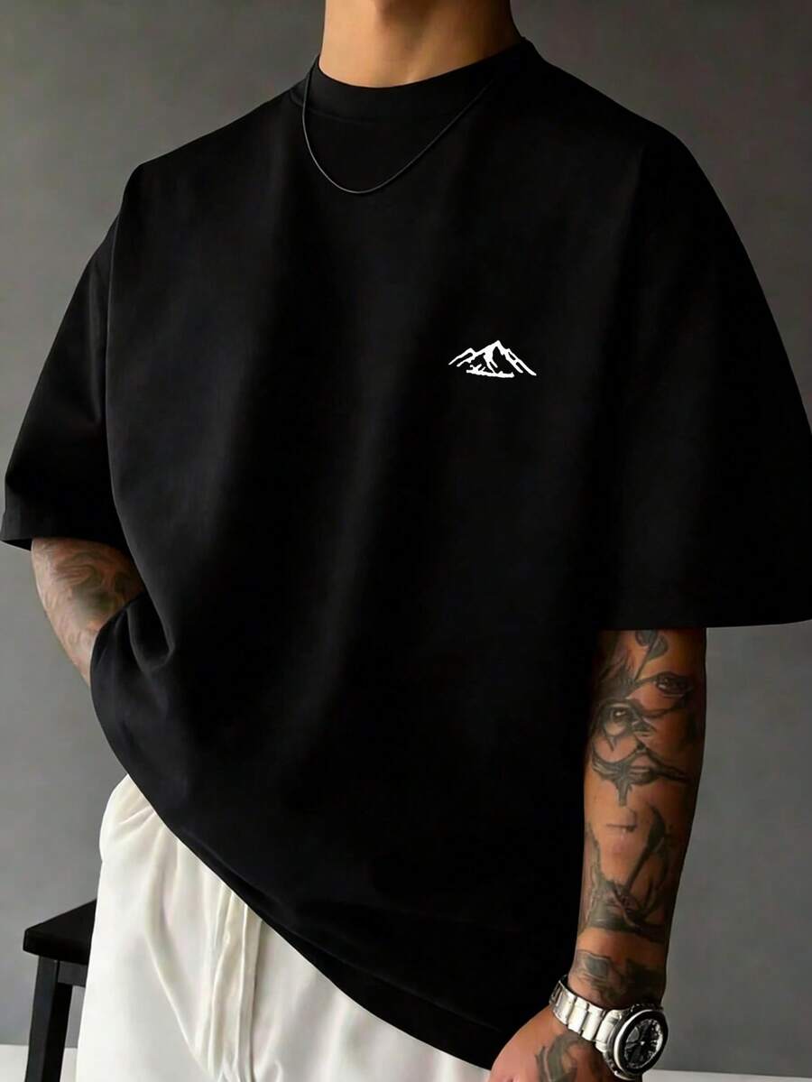 Camiseta negra para hombre con estampado de línea de montaña blanca en el pecho, estilo outdoor, ropa casual deportiva y versátil de moda - Negro - Ver 1