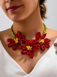 1 buah Kalung Berlapis Motif Bunga yang Berlebihan, Kalung Choker Modis, Liontin Unik untuk Musim Panas - Merah - View 3
