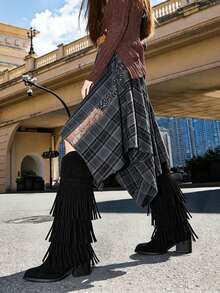 Women's Retro Fringe Knee High Cowboy Boots Fashion Pointed Toe Block Chunky High Heels Pull On Vintage Western Cowgirl Boots - Black - View 8