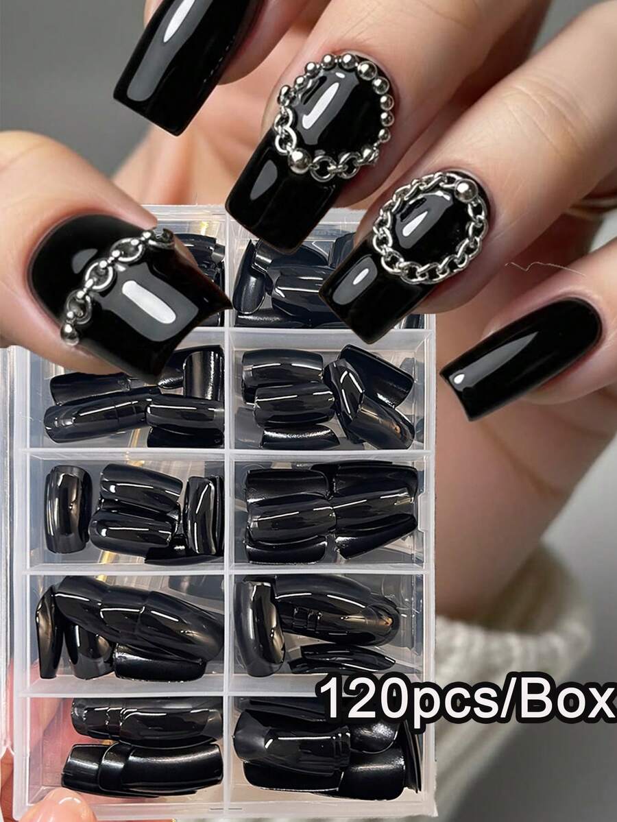 120Pcs 10Grids/Box Glossy Black Press On Nails, Full Cover Medium Coffin Fake Nails, Reusable Acrylic False Nails With Box For Women, Salon-Quality Manicure For Daily Wear & Party