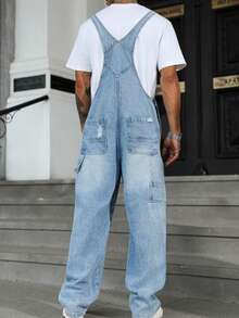 Men's Denim Overalls, High Street  Ripped Jumpsuit, Workwear Jeans, Suitable For All Seasons - Xanh denim - Xem 3