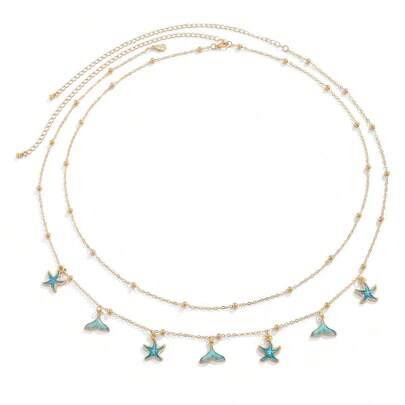 2-Layer Blue Starfish Waist Chain, Can Be Worn As Bracelet, Necklace, Suitable For Prom, Beach, Summer Travel, Paired With Dresses, Crop Tops And More