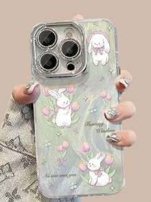 1 chiếc ốp lưng điện thoại bảo vệ toàn diện chống sốc, họa tiết hoa tulip nhuộm tie-dye và lông thỏ, dành cho iPhone 11/12/13/14/15/16/17/Pro Max. - màu xanh lá - Xem 1