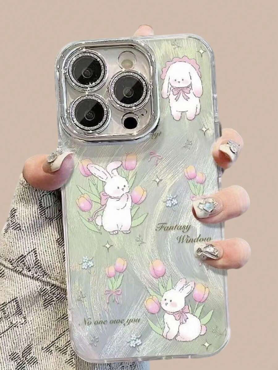 1 chiếc ốp lưng điện thoại bảo vệ toàn diện chống sốc, họa tiết hoa tulip nhuộm tie-dye và lông thỏ, dành cho iPhone 11/12/13/14/15/16/17/Pro Max. - màu xanh lá - Xem 1