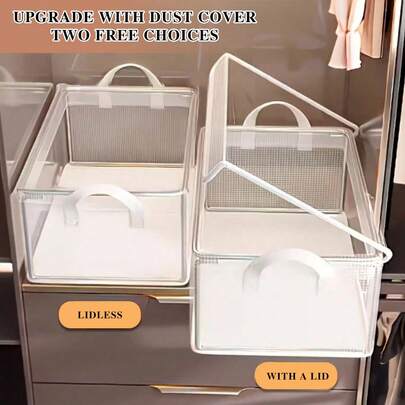 1个透明可叠放带盖收纳篮，防尘、防潮、防水，多用途收纳盒/篮，适用于家庭、野餐、宿舍、厨房、卧室、衣柜等场所。