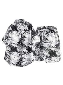 Men's Ink Print Single-Breasted Short Sleeve Shirt And Drawstring Waist Shorts Casual Daily Outfit - Black and White - View 6