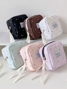 1 pieza Bolsa de maquillaje minimalista para estudiantes, organizador de toallas sanitarias, bolsa esencial de viaje para auriculares rojos - Multicolor - Ver 9