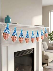 7/14/21pc Custom Photo & Number Birthday Hat Banner – Personalized Blue Striped Party Hat Garland With Face Photo | First Birthday, Back To School - Multicolor - View 6