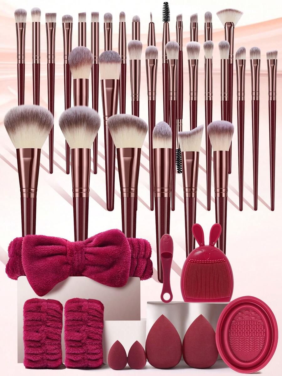Bộ trang điểm chuyên nghiệp 42 món đa năng bao gồm cọ trang điểm nền, má hồng, phấn mắt, bông mút trang điểm, băng đô, băng đeo cổ tay, dụng cụ vệ sinh cọ, cọ rửa mũi, dụng cụ chăm sóc da mặt bằng silicon, bộ quà tặng làm đẹp du lịch hoàn chỉnh dành cho phụ nữ. - Màu Đỏ Sâu - Xem 1