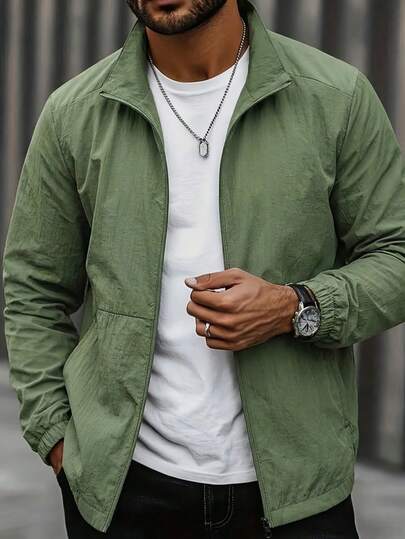 1pc Blueprint Man Men's Military Green Crinkle Texture Stand Collar Zip-Up Jacket, Lightweight Soft Wrinkle-Resistant Comfortable, Minimalist Casual Style Outerwear, Suitable For Daily Commute And Leisure Wear