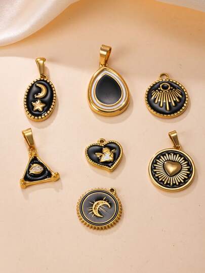 1pc 18K Gold Plated Stainless Steel Pendant, Elegant Black Enamel Pendant, Heart, Star, Moon Pendant, Solid Color Pendant, DIY Necklace, Earring Jewelry Making, Daily Wear, Gift