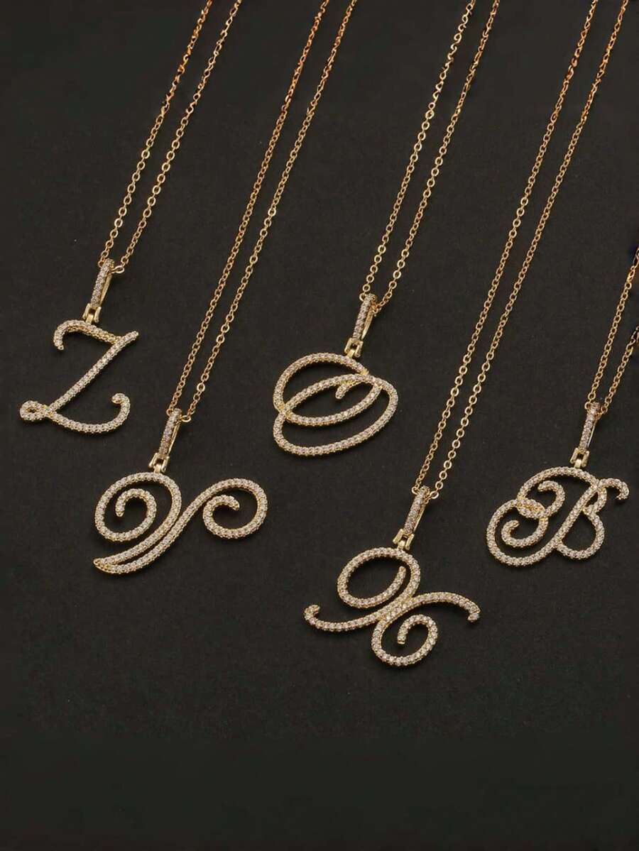 1件水钻字母吊坠项链 - 金色 - 查看 1