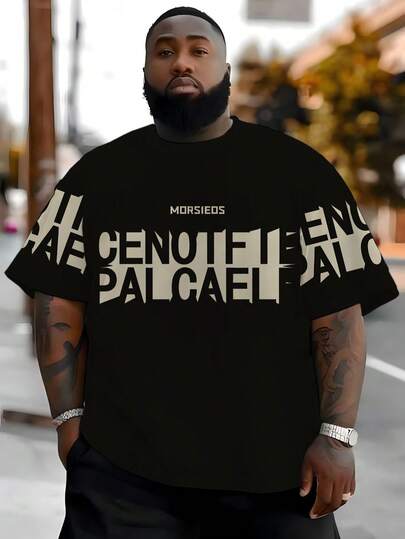 Plus Size Men's Casual Fashion Street Daily Commute Letter Print Contrast Color Dropped Shoulder Loose T-Shirt, Summer