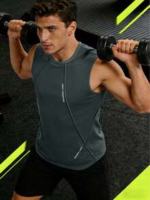Camiseta de tirantes casual y versátil con diseño impreso minimalista de cuello redondo, ropa deportiva de unicolor simple y elegante para hacer ejercicio - Gris Oscuro - Ver 3