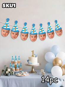 7/14/21pc Custom Photo & Number Birthday Hat Banner – Personalized Blue Striped Party Hat Garland With Face Photo | First Birthday, Back To School - Multicolor - View 10
