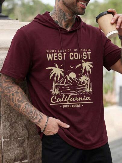 Camiseta de manga corta con capucha de corte holgado con estampado de escena de atardecer de la oeste y graffiti, de moda callejera de verano para hombres