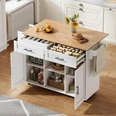 145 X 45 X 94.5 Cm, Multifunctional Mobile Kitchen Island With Foldable Worktop, Adjustable Shelves, 5 Casters, Concealed Cutlery Drawer – Suitable For Kitchens, Dining Rooms, Living Rooms, Etc.