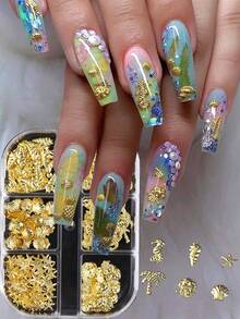 Decoración de uñas DIY de 6 rejillas con diseño de verano de conchas marinas, estrella, remache de metal, caracola y árbol de coco, dijes para uñas - Dorado - Ver 3