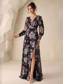 SUPGIR [Họa tiết hoa cắt ngẫu nhiên] Đầm maxi thanh lịch bằng vải chiffon in kỹ thuật số, cổ chữ V, tay phồng, xếp ly eo. - Nhiều màu - Xem 4
