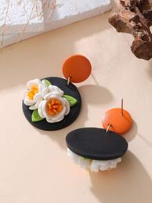 一对软陶山茶花耳环，橙色与原木色撞色设计，适合学生、乡村风、校园日常、春游、朋友聚会、生日派对、音乐节等场合，甜美少女/乡村/多巴胺风格。 - 彩色 - 查看 7