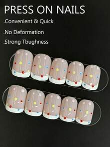 24pcs Colorful Polka Dot Pattern French Manicure Nail Stickers, Short Square Nude Cute Artificial Nails, White French Edge Suitable For All Seasons, Colorful Polka Dot Pattern, Short Artificial Nails, Nail Decor, Reusable, French Artificial Nails, Suitable For Ladies' Daily Commute, Work And Dates, Also Suitable As Gifts For Friends Who Like Sweet Style - Multicolor - View 2
