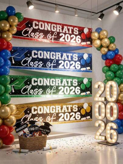 1Pc Class Of 2026 Graduation Banner, Congrats 2026 Grad Party Decor, 4 Colors Available, Indoor Outdoor Hanging Backdrop, 200*45cm