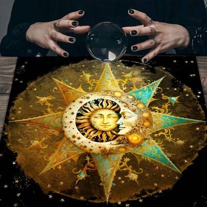 1PC Celestial Tarot Altar Cloth And Elegant Vintage Floral Design With Sun & Stars Witchy Wiccan Cloth Suitable For Tarot Readings, Moon Phase Ceremonies, Meditation Spaces, Altars - Table Cover For Witchcraft Practices Elegant Sun And Moon Mandala Altar Cloth With Mystical Celestial Design Vintage Floral Table Cloth Witchcraft Astrology Black Oracle Mat Tarot Tablecloth Boho Playmat Cloth Home Decor Room Decor
