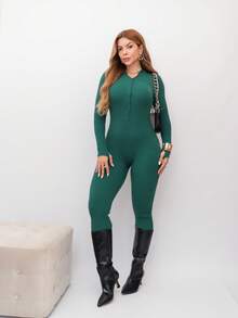 Virginia Ribbed Jumpsuit Tricot Modal With Zipper On The Front Great Quality Women's Jumpsuit Long Sleeve Fashion Style - Dark Green - View 6