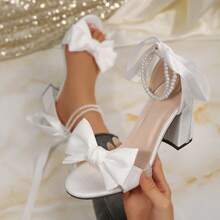 Elegant Bowknot Sandals, Summer Fairy Style Suitable With Dresses, Plus Size Women High Heel Strap Sandals - B001 White - View 3