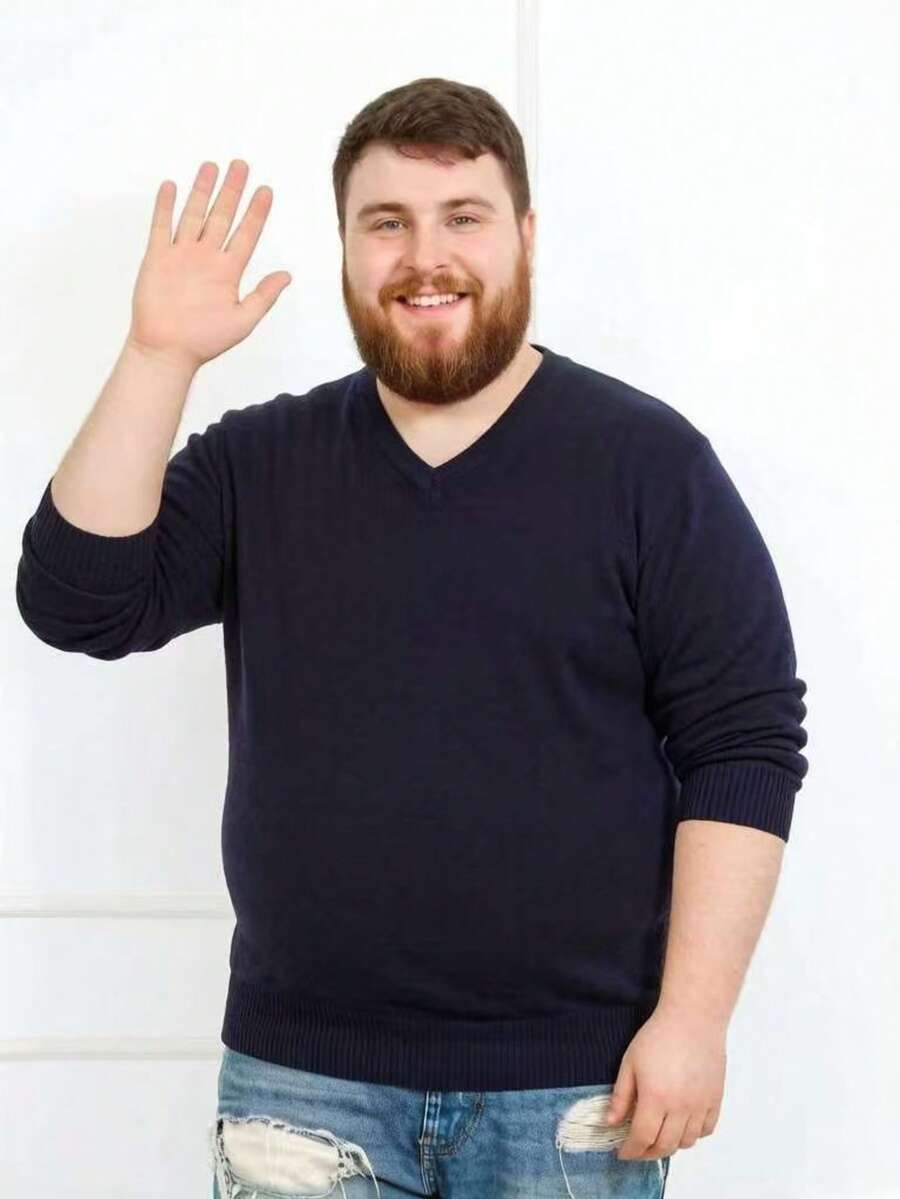 Plus Size Men's Winter Sweater/Blouse With V-Neck, Sizes G2-G5 - Màu xanh đậm - Xem 1