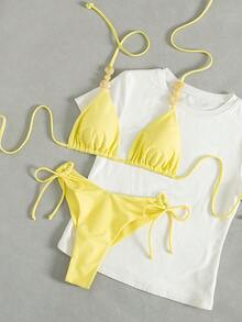 Bikini de dos piezas con parte superior de cuello triangular de unicolor y pantalones tipo brasileño, adecuado para vacaciones de verano en la isla, natación y playa - Amarillo - Ver 4