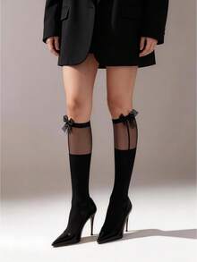 1双女士黑色甜美蝴蝶结洛丽塔可爱学院风小腿袜，日常百搭 - 彩色 - 查看 2