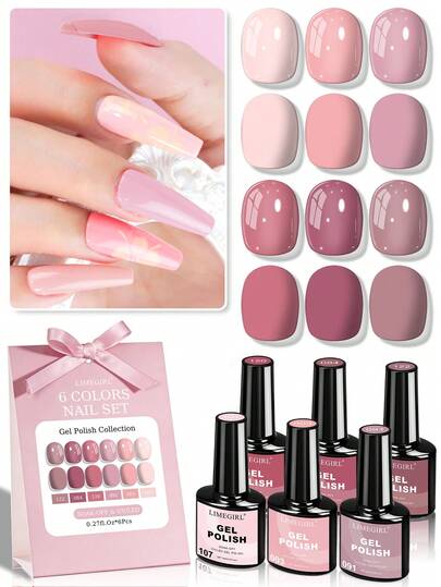  Set de esmalte de uñas en gel de color nude de LIMEGIRL - 6 colores de esmalte de uñas en gel nude rosa transparente, textura transparente, serie Intoxicated Rose para manicura, set de regalo, 6 botellas de 8ml