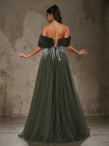 Vestido largo con escote strapless y mangas tipo capa de tela tejida elegante, adecuado para ocasiones de noche - Verde - Ver 2