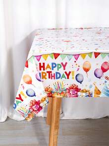 1件生日快乐塑料桌布，彩色气球和生日帽图案，130*220厘米长方形一次性桌布，适用于生日派对、婴儿派对、野餐、厨房、婚礼、新娘送礼会、家居装饰、家庭节日装饰 - 水彩蛋糕 - 查看 7