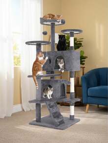 DOPINMIN Cat Tree Tower For Indoor Cats, 53.9in Multi-Level Cat Furniture Activity Center, Kitty Play House With Sisal Scratching Post, Large Dual Condo, Climbing Ladder, Plush Toy For Kitten - Light Grey - View 5