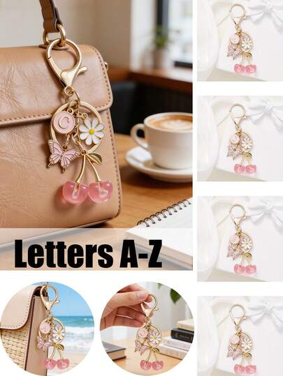粉色樱桃蝴蝶字母钥匙扣，包含A-Z字母，花朵蝴蝶吊坠，可爱耐用的钥匙圈，适合女性和女孩，可作为钱包、手提包、汽车钥匙链、背包配件，简约而迷人的设计，用途广泛，可用于背包、钱包、手机壳、午餐盒、书包等，日常使用，是周年纪念日、生日、聚会、母亲节、送给朋友、同事和女性的理想礼物。
