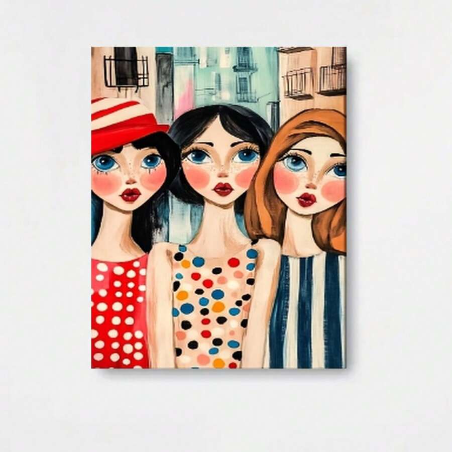 Arte de Pared Grande 2D Plano, 1 Pieza Enmarcado a Mano en Madera de Pino - Elegante Óleo de Tres Mujeres en la Calle, Póster en Lienzo Envoltorio para Interiores, Instalación con Gancho, para Hogar, Oficina, Sala de Estar - Obra de Arte de Figura Femenina, 2D Plano - Enmarcado - Ver 1