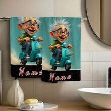 2pcs , Custom Name, Cartoon Style Elderly Pattern Anime Towel, Striped Design, Bathroom Towel, Absorbent Quick-Dry Towel, Nordic Minimalist Style Towel, Suitable For Anniversaries, Travel, Parties, Gifts, Thanksgiving, Christmas, New Year, Halloween Perfect For Birthday Anniversaries, Valentine's Day, Thanksgiving, Christmas, Halloween, Wedding And New Year Gifts. Ideal Gifts For Her, Him, Family Members, Boyfriends, Girlfriends, Fathers, Mothers, Lovers, Daughters, Sons, Grandfathers, Grandmothers, Friends, Classmates And Pets. This Multifunctional Kitchen Towel Can Be Widely Used In Kitchen, Sofa, Bed, Car, Bedroom, Living Room, Office, Outdoor Camping And Beach. It Also Serves As Wall Decoration, Bedroom Decor, Fall Decor, Fall Decorations For Home, Christmas Party Theme Kitchen Towel And Christmas Decor. - White - View 2