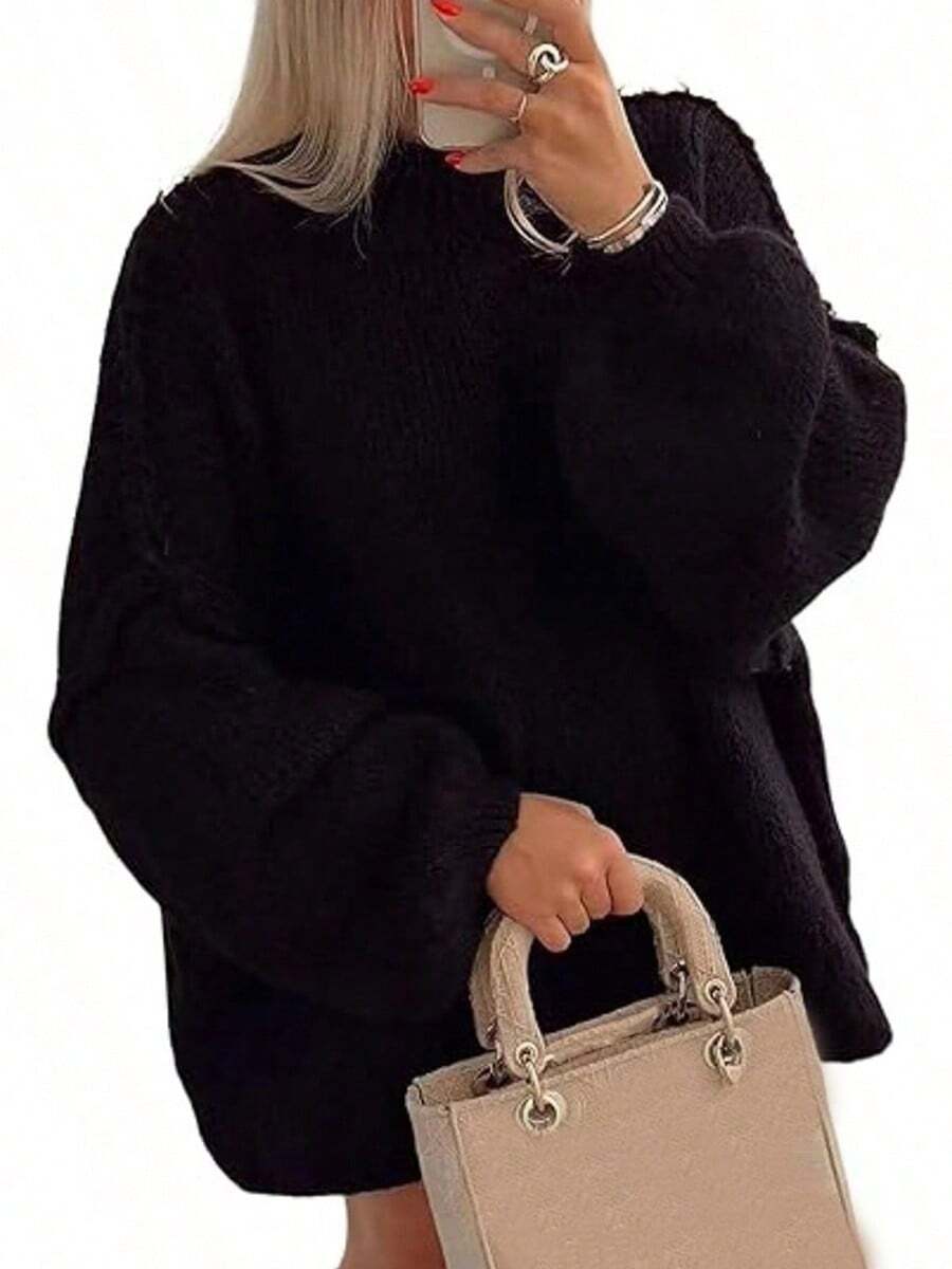 Women's Oversized Pullover Sweaters  Fall Winter Mock Neck Lantern Sleeve Crochet Casual Knitted Jumper Tops Solid Color Loose Blouse - Black - View 1