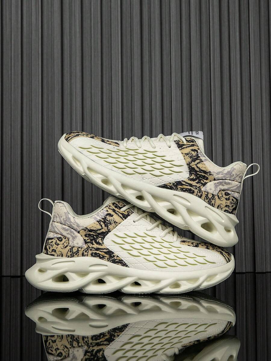 Men's Color-Blocked Retro Sneakers, Breathable Mesh Upper, Stylish Street Outdoor Hiking Shoes, Casual Men's Road Running Shoes. - 米色 - 查看 1