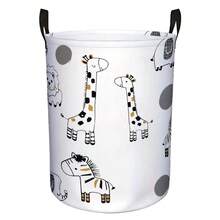 1PC Minimalist Line Art Giraffe, Zebra, And Lion Patterned Laundry Basket, Portable Round Storage Bin, Multipurpose Baby Toy Storage, Children's Bedroom Decoration - Black and White - View 8